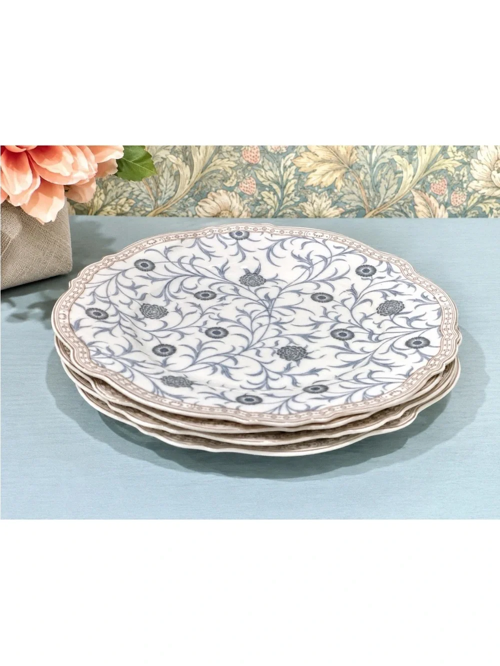 4 MORRIS & Co SIDE SALAD PLATE Floral Dish WHITE SWEET BRIAR Premium Porcelain